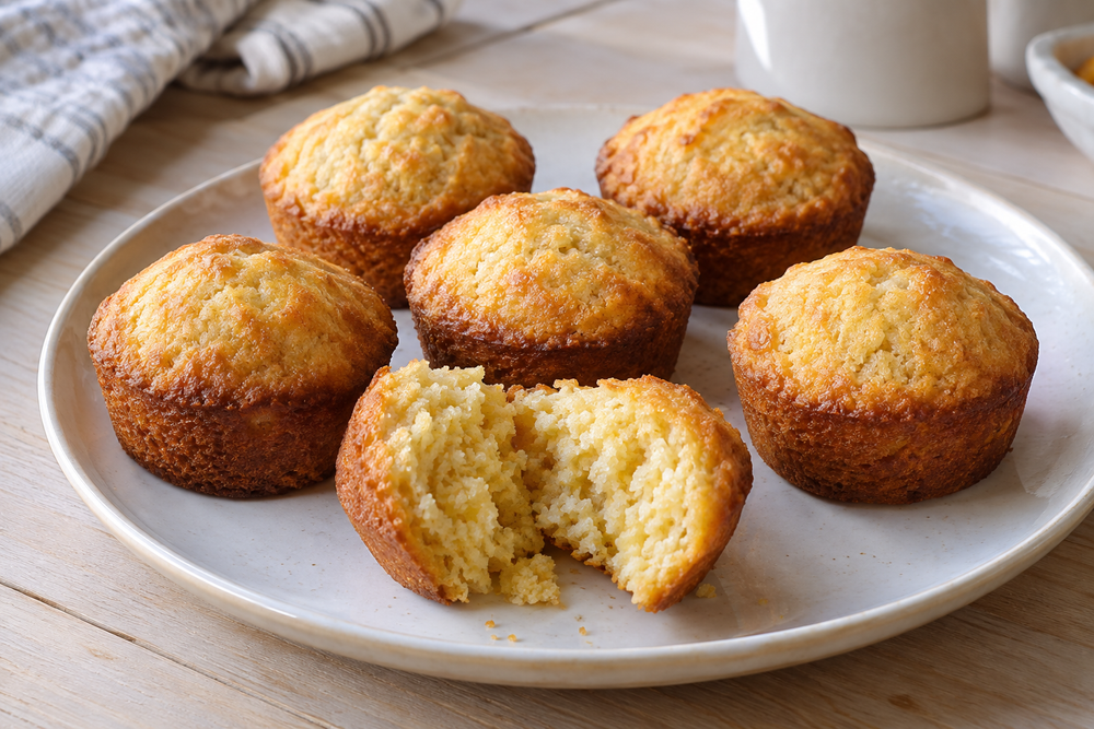 Golden corn muffins on a white plate, with one broken open to show the crumb.
