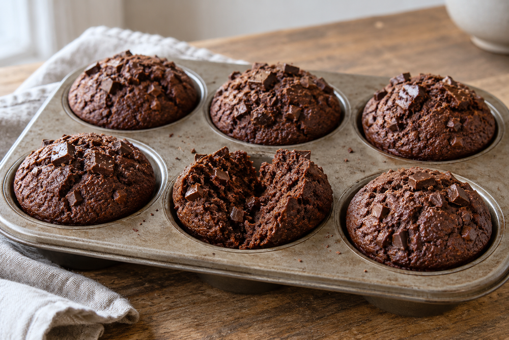 Double chocolate muffins with visible chocolate pieces.