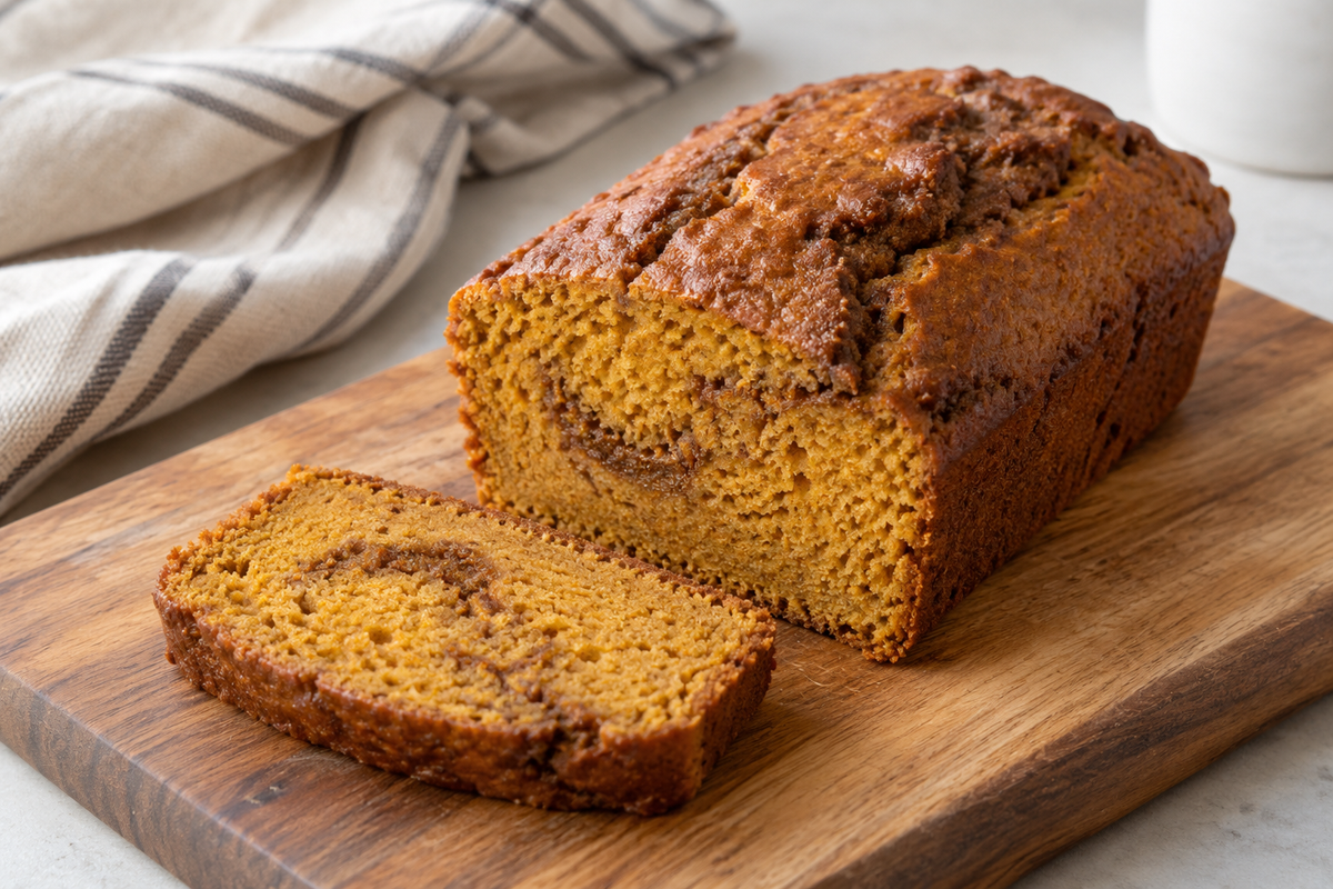 Sliced pumpkin bread loaf showing its orange crumb.