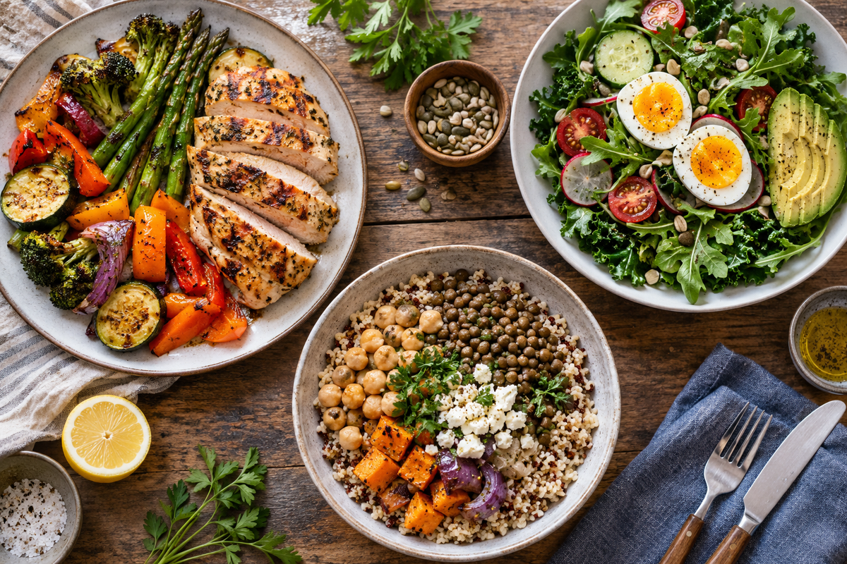 Three plates with grilled chicken and vegetables, a grain bowl, and an egg salad