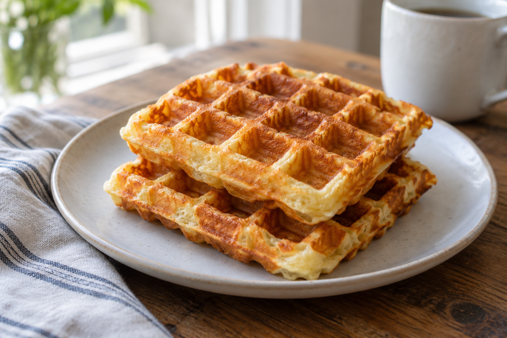 Golden Belgian-style waffles stacked on a plate.