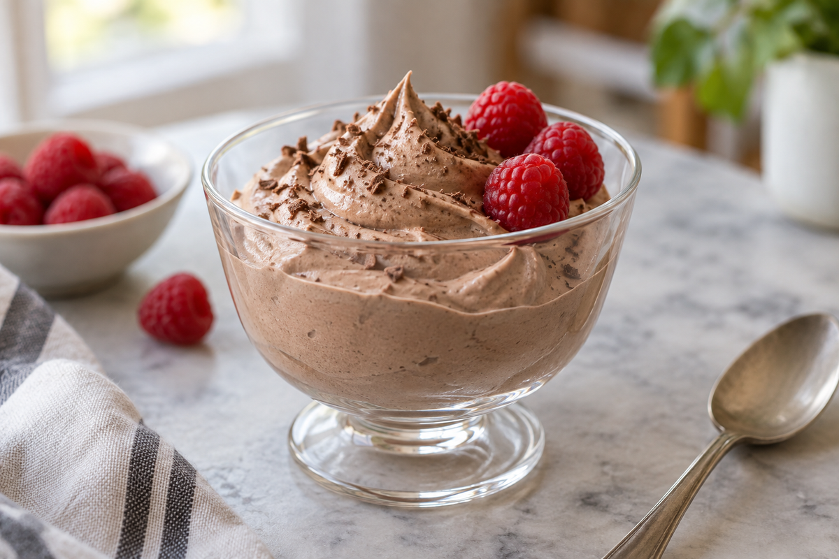 Pale chocolate mousse topped with raspberries in a glass dessert cup.