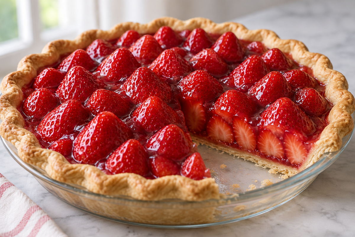 Fresh strawberry pie with glazed whole berries and a slice cut from the crust.