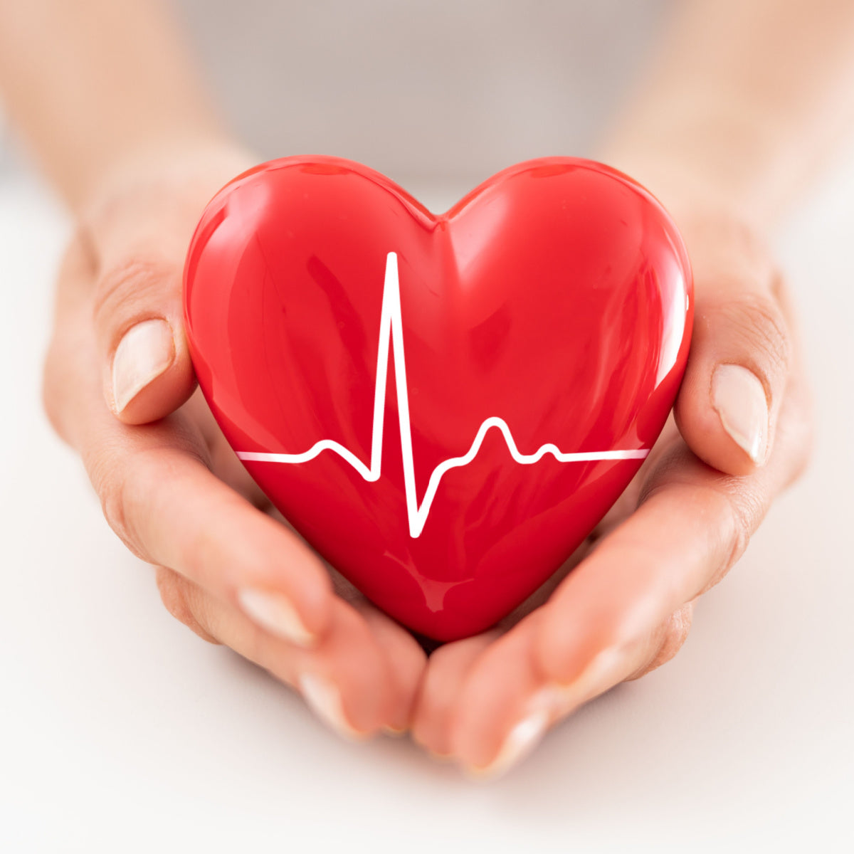A person holds a glossy red heart with a white heartbeat line design, symbolizing health and care, against a neutral background.