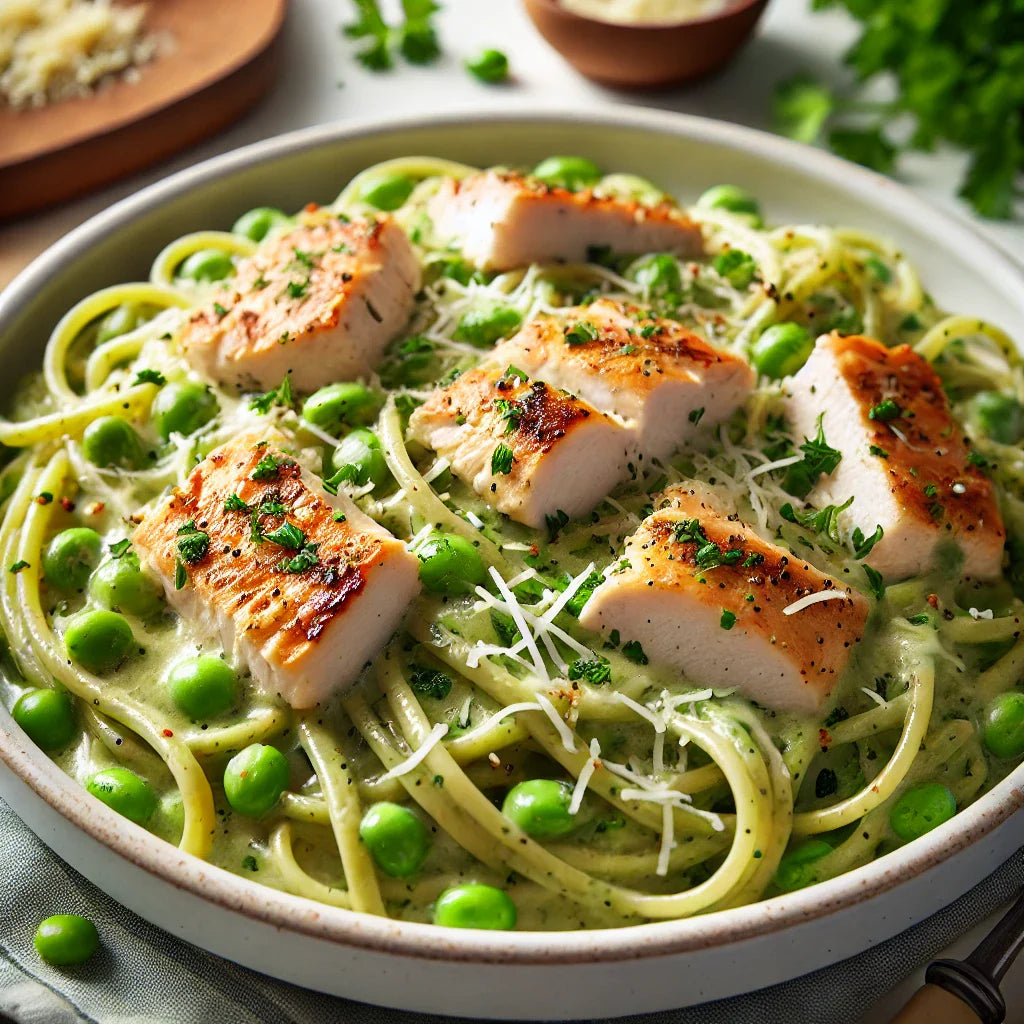 A creamy pasta dish features strands of spaghetti topped with grilled chicken pieces, green peas, and sprinkled with grated cheese and fresh herbs, served in a white bowl.
