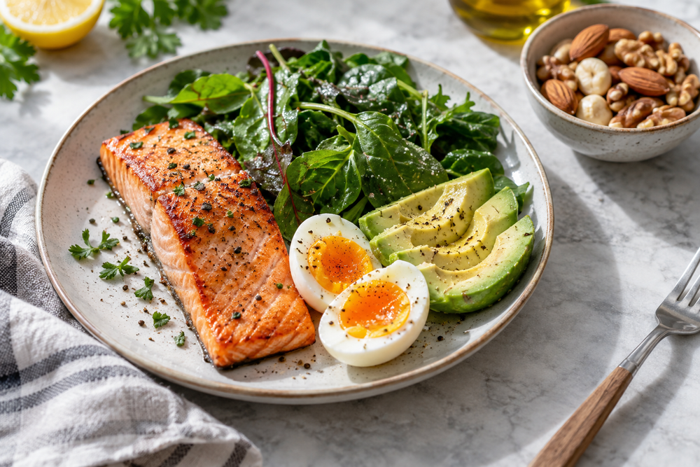 Salmon, eggs, avocado and leafy greens with a bowl of nuts