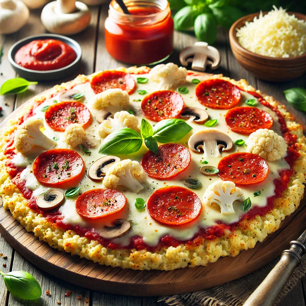 A freshly baked pizza topped with pepperoni, cauliflower, mushrooms, and basil sits on a wooden board, surrounded by bowls of marinara sauce and grated cheese on a rustic table.