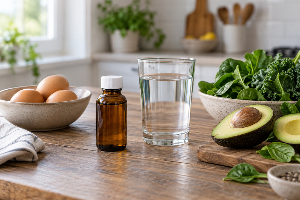 Plain amber bottle beside water, eggs, avocado and greens