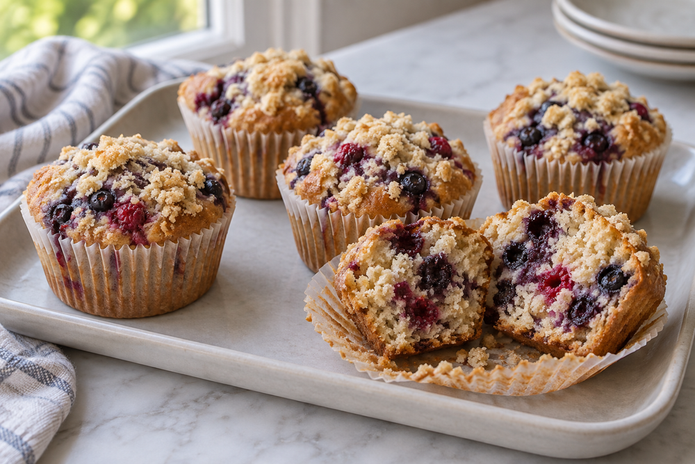 Double berry streusel muffins in paper liners.