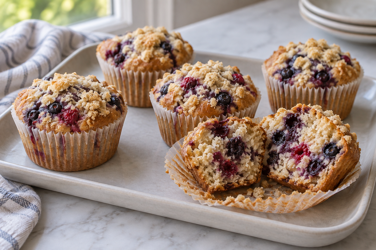 Double berry streusel muffins in paper liners.