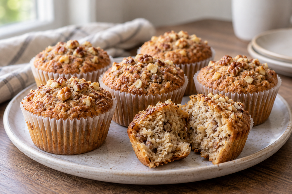 Maple nut muffins with chopped nuts on top.