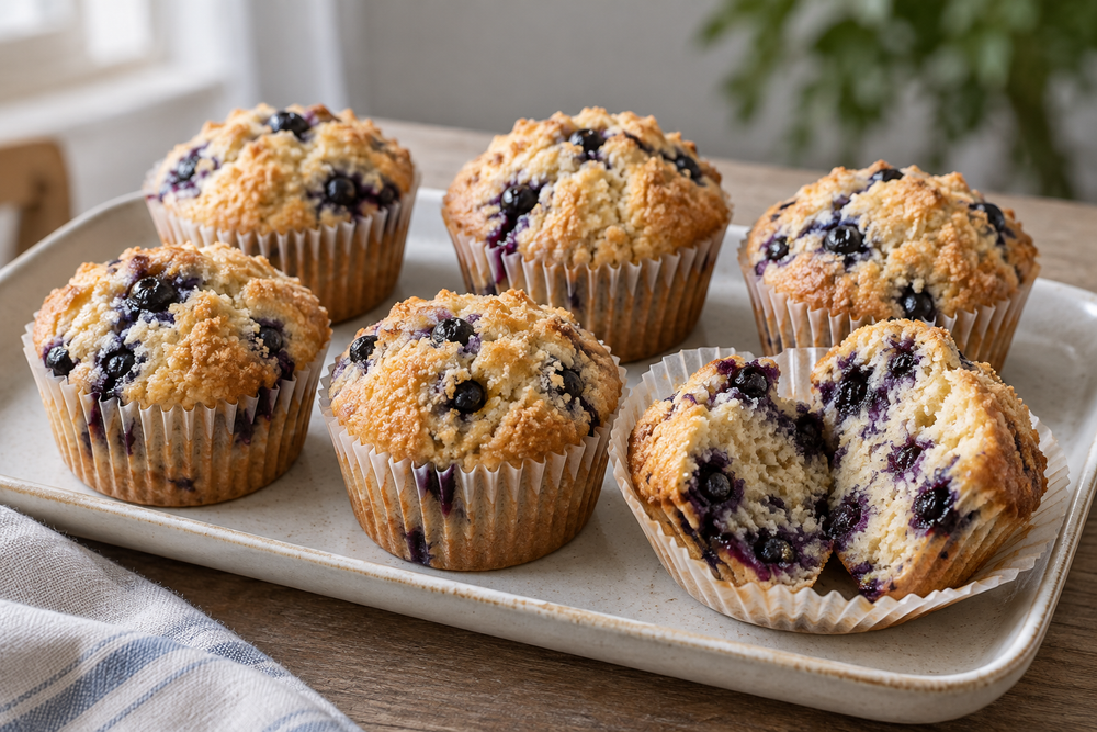 Blueberry cream muffins with golden crumble tops.