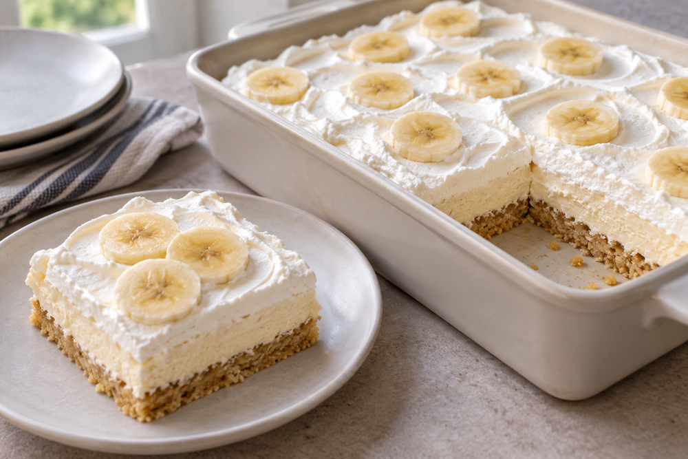 A square of banana split cake showing its layered crust and cream filling.