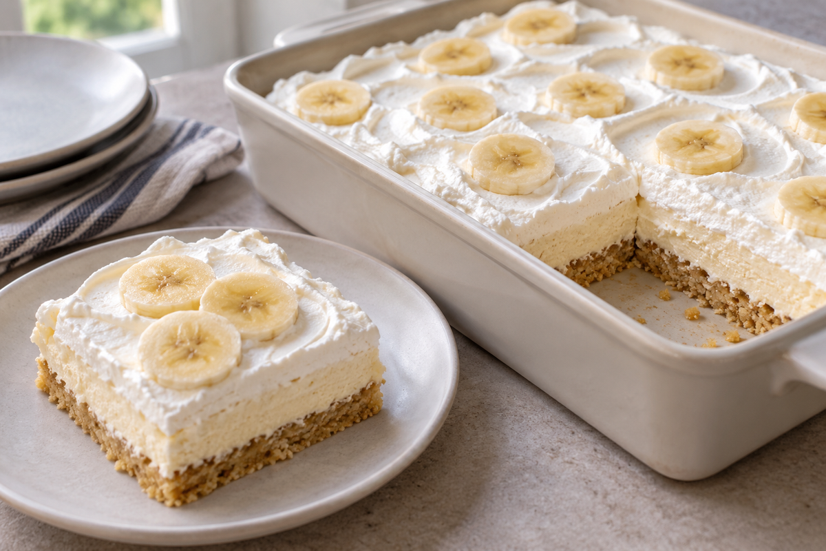 A square of banana split cake showing its layered crust and cream filling.
