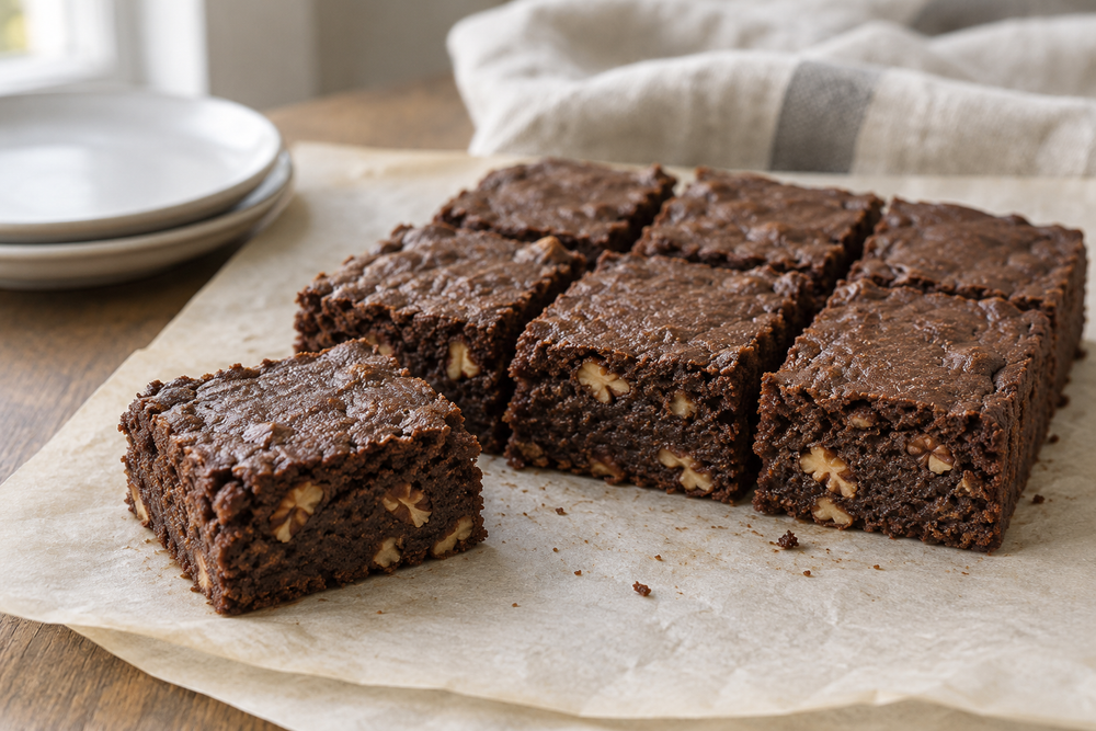 Low-carb chocolate brownies cut into pecan-studded squares.