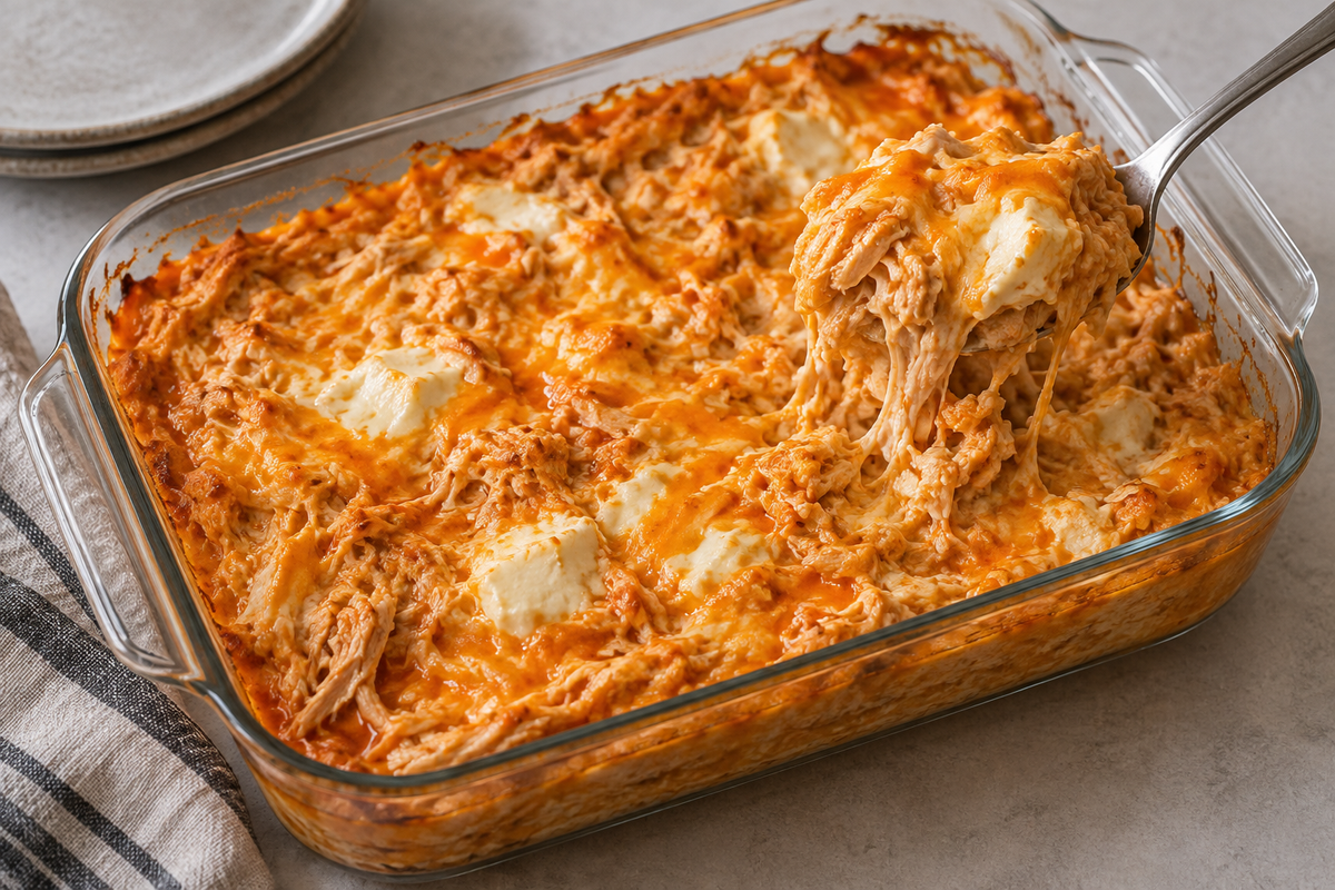 Baked buffalo chicken cheese dip in a glass dish with a spoonful lifted.