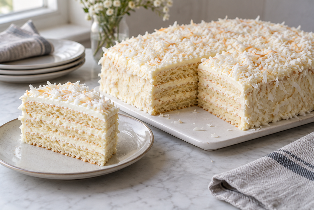 Layered coconut torte with cream cheese frosting.