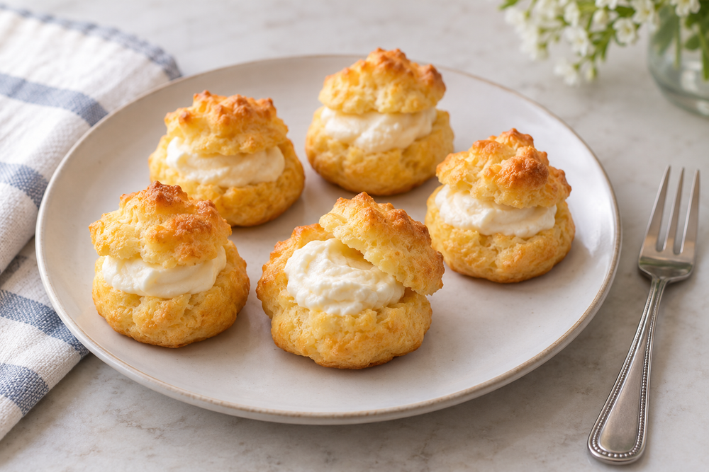 Five small mousse-filled cream puffs on a dessert plate beside a fork.