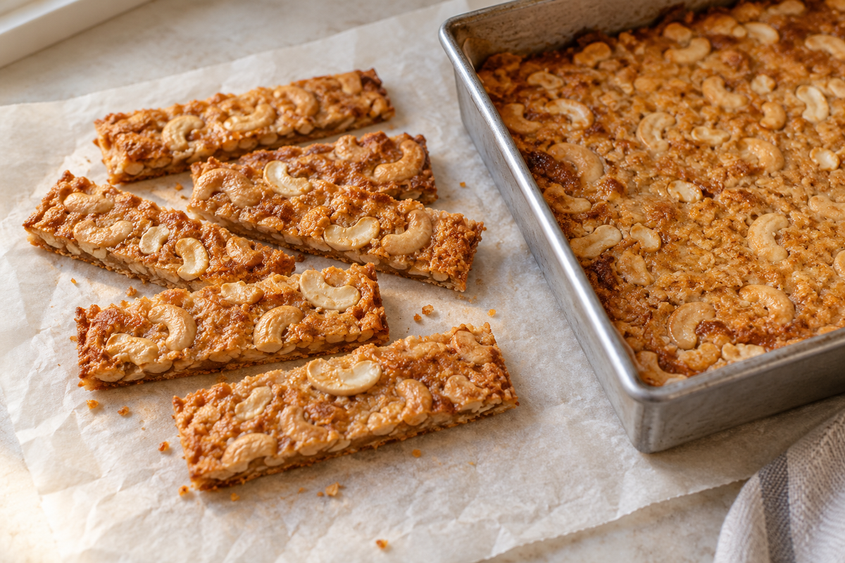 Thin golden cashew bars with visible cashews beside the baking pan.