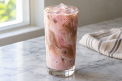 Pale pink Neapolitan cream soda with ice in a clear glass.