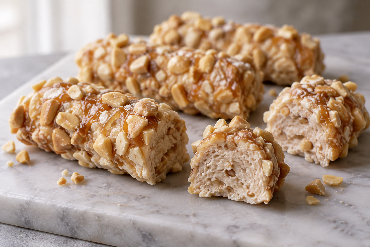 Peanut-coated homemade nougat candy logs with cut pieces showing the chewy center.