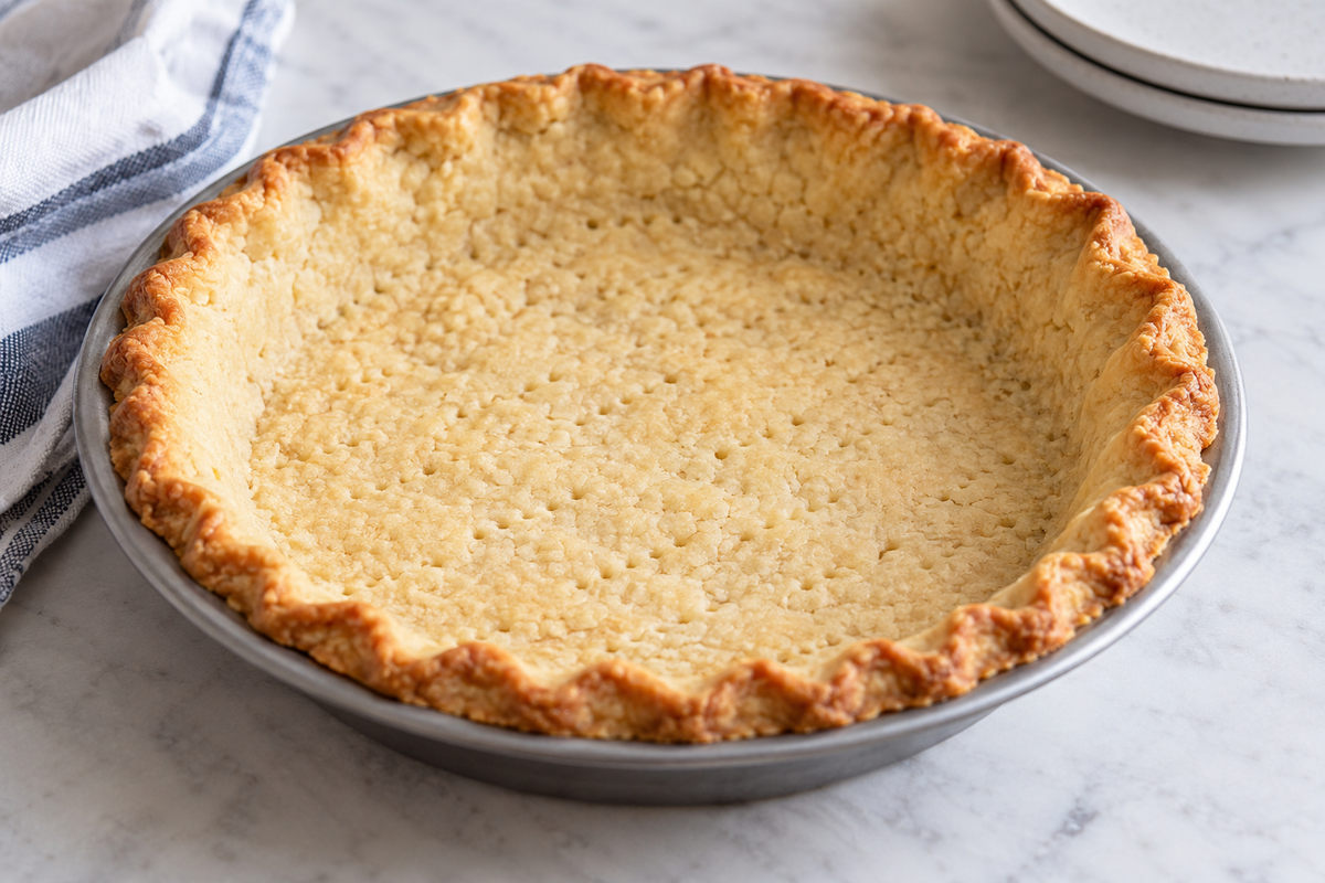 Baked low-carb pie crust with fork marks in a pie tin.