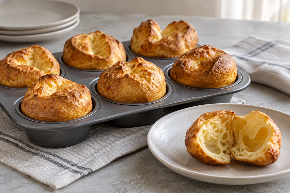 Golden low-carb popovers, one cut open to show its hollow center.