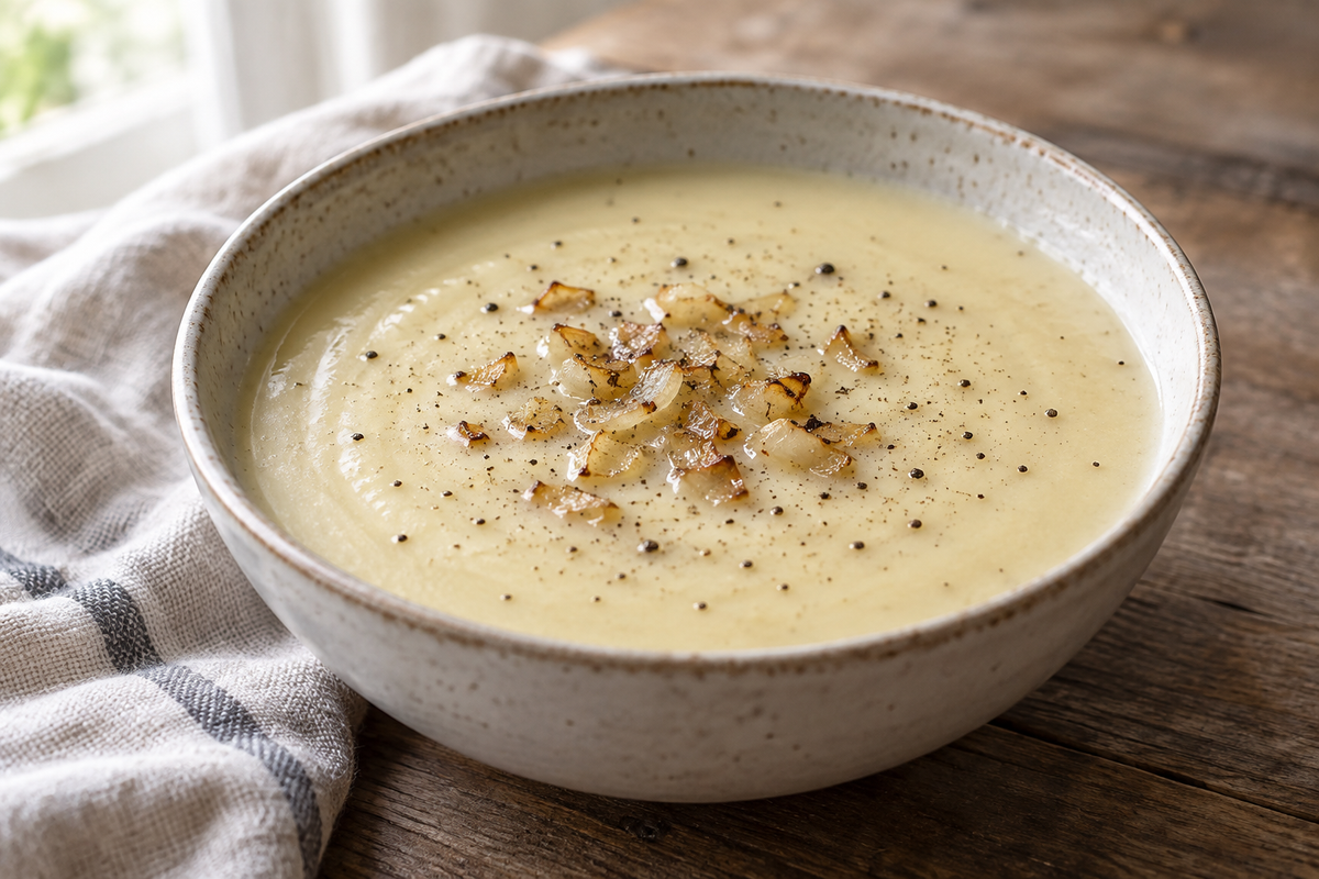 Creamy low-carb potato-style soup with browned onion and black pepper.