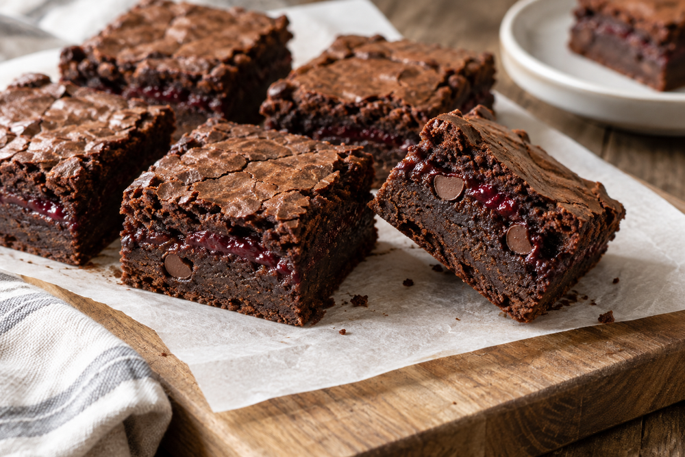 Raspberry brownies showing the preserve layer inside.
