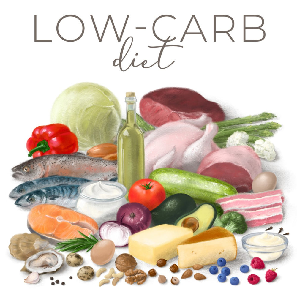 An assortment of low-carb foods including meats, fish, vegetables, dairy, nuts, and healthy oils is displayed, emphasizing options for a healthy diet suitable for managing diabetes.