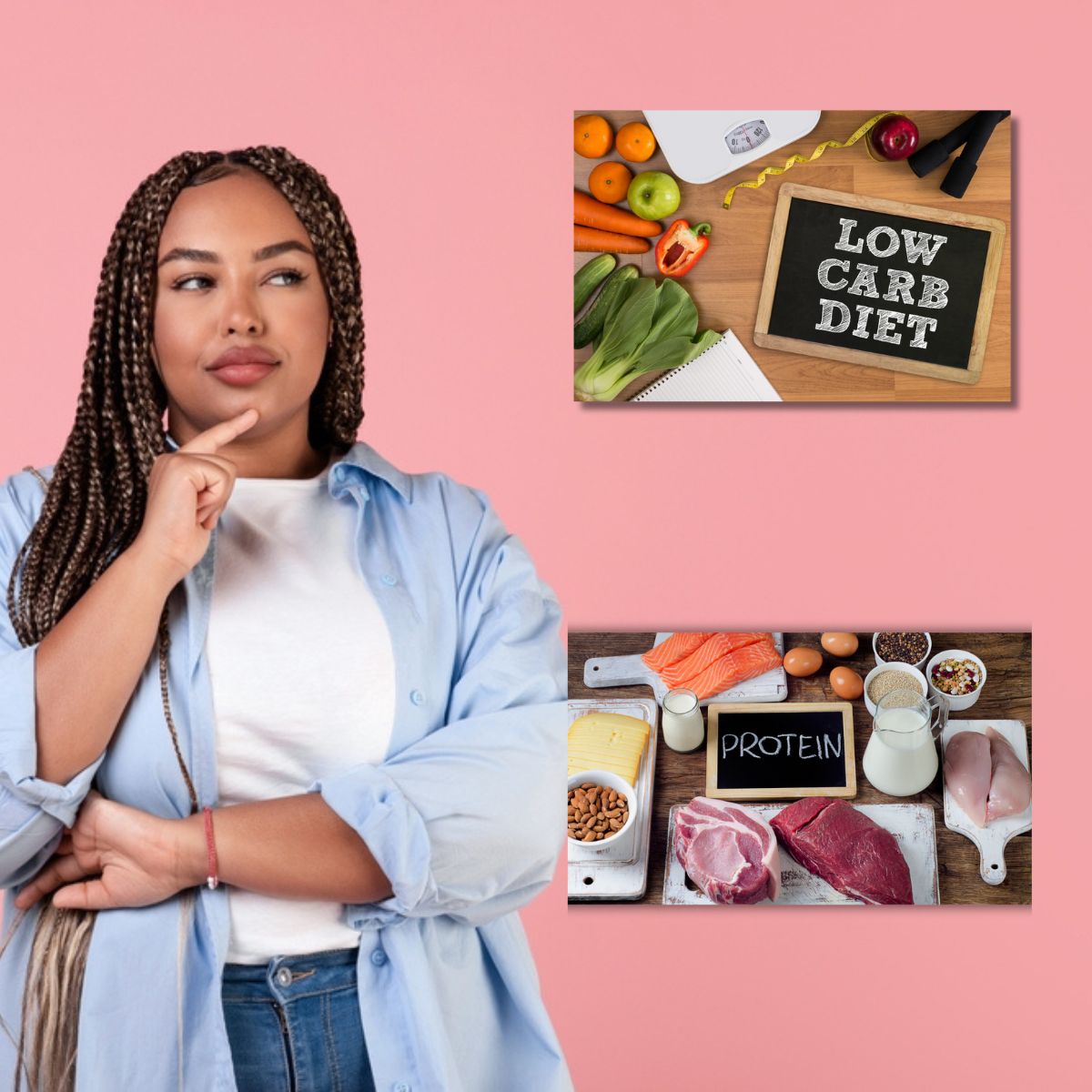 A woman with braided hair thoughtfully considers her options, surrounded by images of a low carb diet with fruits and vegetables and a high protein diet featuring meats and dairy, set against a pink background.