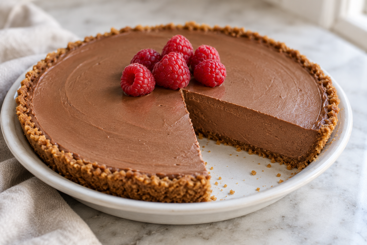 Chocolate cheesecake pie with raspberries and a slice cut to show the filling.