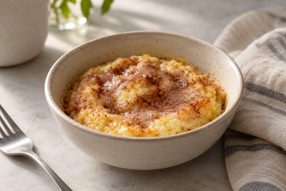 Cinnamon-glazed mock Danish in a small ceramic bowl.
