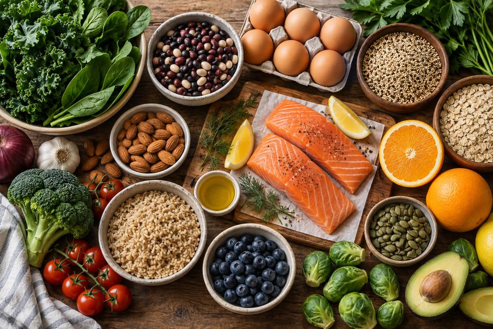 Leafy greens, beans, eggs, salmon, fruit, nuts and grains on a table