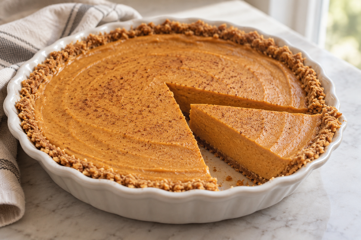 No-bake pumpkin pie with a slice cut from its cereal crust.