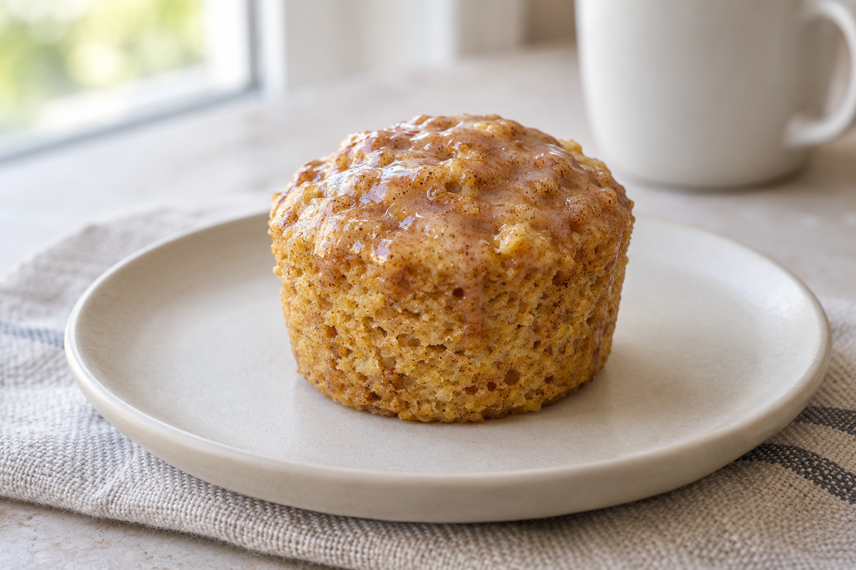 One-minute low-carb muffin with cinnamon butter glaze.