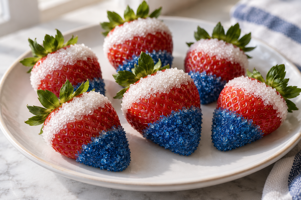Strawberries with white sugar replacement and blue-coated tips arranged on a plate.
