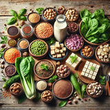 A variety of raw ingredients, including legumes, nuts, leafy greens, and dairy, are arranged in wooden bowls on a rustic wooden table, showcasing a colorful and healthy assortment of foods.