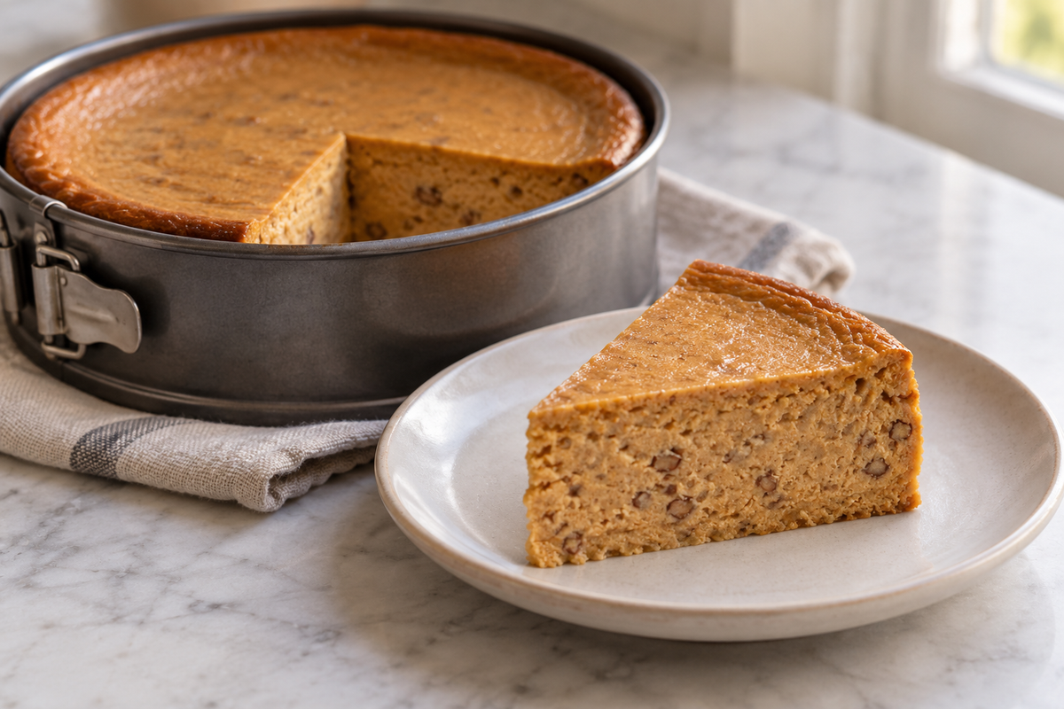 Pumpkin pecan praline cheesecake with a slice cut from the pan.