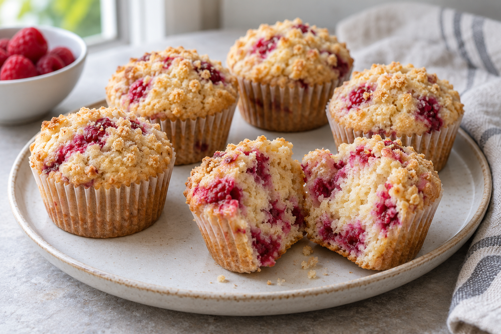 Raspberry cream muffins with a light crumble topping.