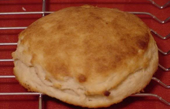 A golden-brown biscuit rests on a wire cooling rack, showcasing its soft, flaky texture against a red background.