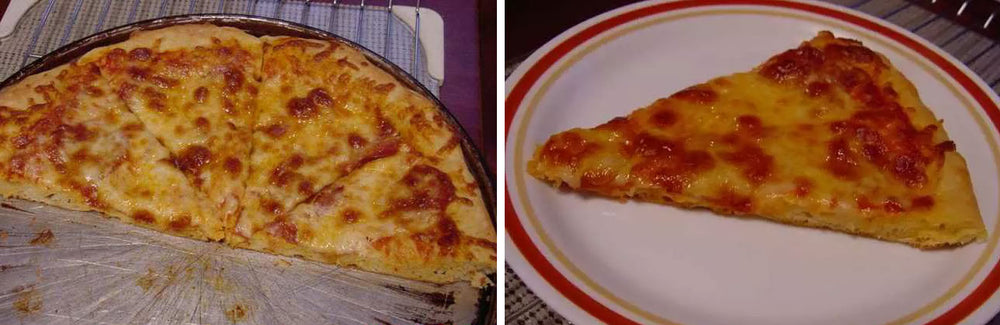 A freshly baked cheese pizza is displayed on a round tray with several slices cut, alongside a single slice served on a plate, showcasing its golden crust and melted cheese.