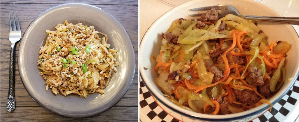A plate of stir-fried noodles topped with green onions and sesame seeds is on the left, while a bowl of sautéed cabbage, carrots, and ground meat is on the right, both set against a wooden table.