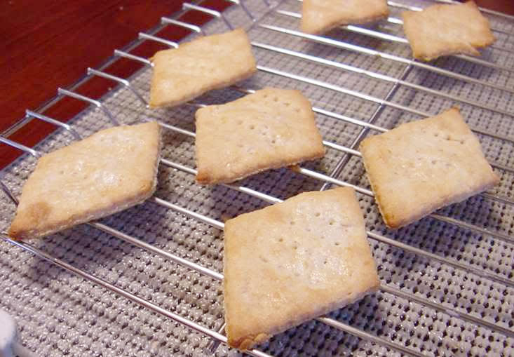Low carb saltines are cooling on a wire rack, displaying a light golden color and a slightly uneven, crisp texture, with several crackers arranged in a casual layout.