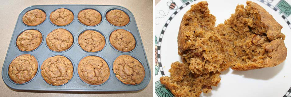 A tray of freshly baked muffins sits on a countertop, while a close-up shows one muffin broken open, revealing a moist, textured interior.