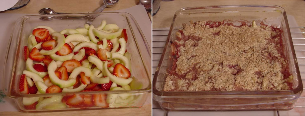 A glass dish on a wooden surface contains a layer of sliced strawberries and green apples on the left, while the right shows a baked crumble dessert with a golden topping.