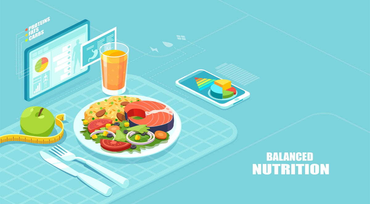 A plate of colorful, healthy food including salmon, vegetables, and rice sits on a table next to a glass of juice, an apple, a measuring tape, and a smartphone displaying nutritional information.