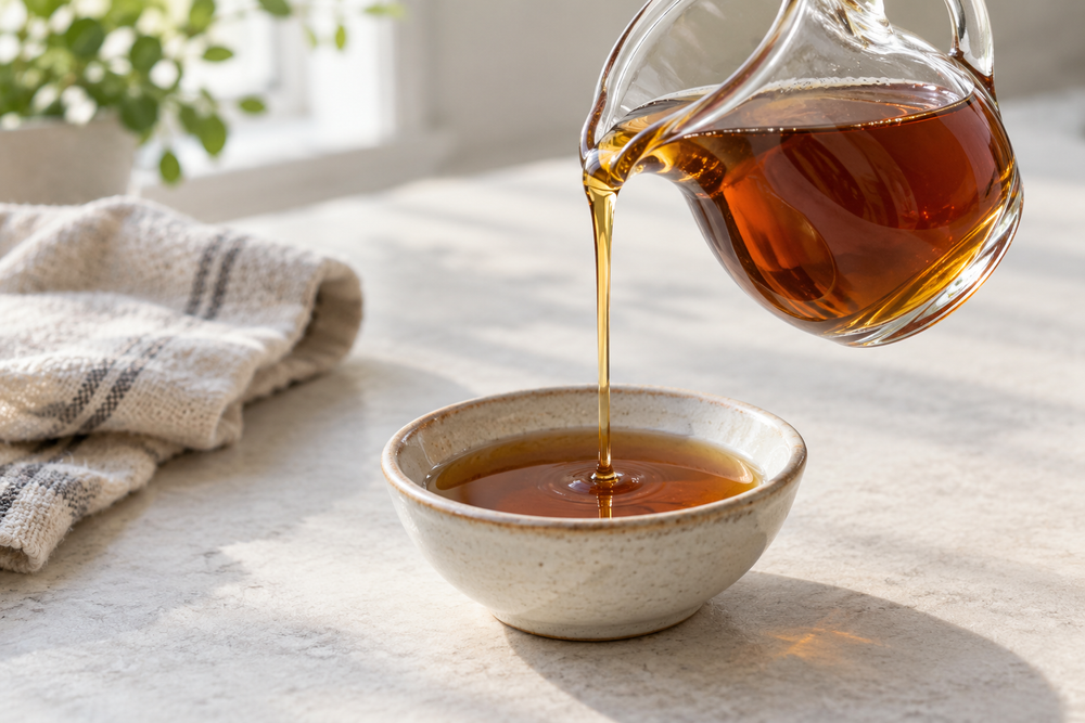 Amber maple-flavored syrup pouring from a glass pitcher.