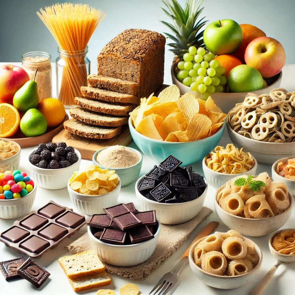 A colorful display of healthy food alternatives includes whole grain bread, fresh fruits, various snacks like chips and candies, and pasta, arranged on a bright table setting.