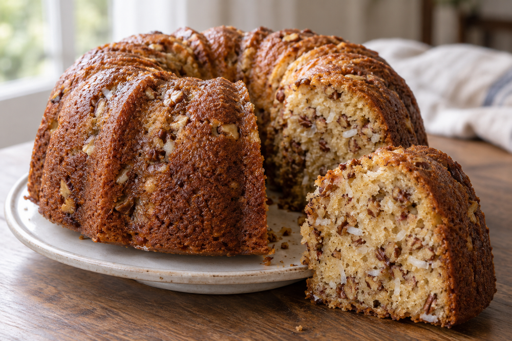 Praline pecan Bundt cake with a cut slice showing pecan and coconut crumb.